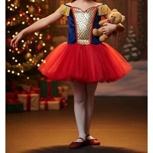 Holiday Dance Costume Girls Size S/M Gold Fringe‎ Tutu One Piece Nutcracker